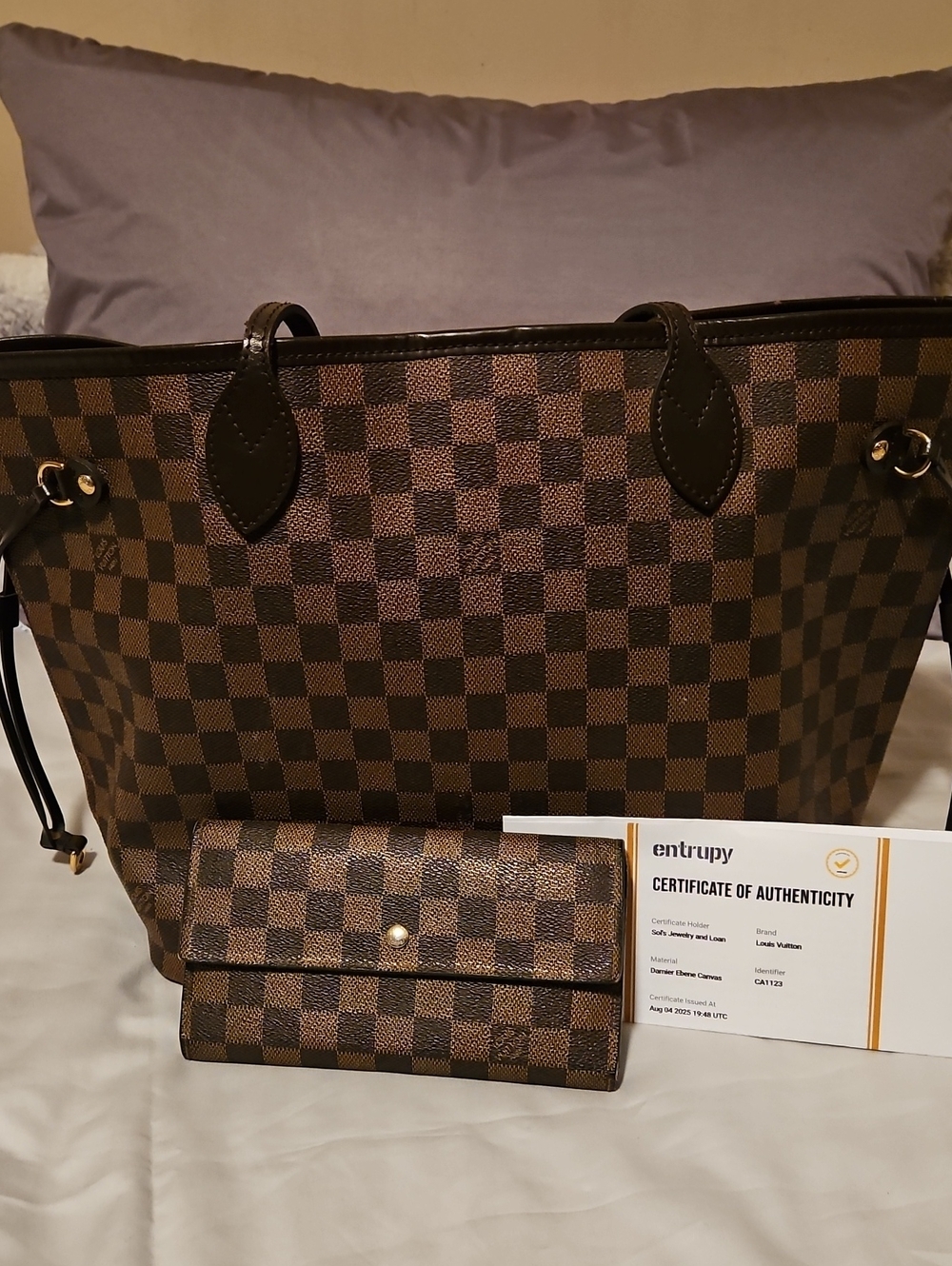 Authentic Louis Vuitton Neverfull MM Damier Ebene Sarah Long Wallet Included EUC - Picture 3 of 16